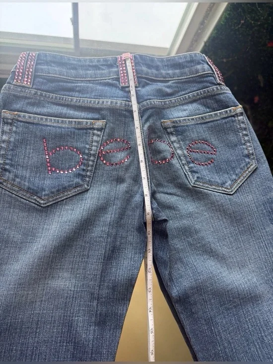 bebe Blue Denim Bootcut Jeans with Pink Rhinestone Logo - Picture 6 of 12